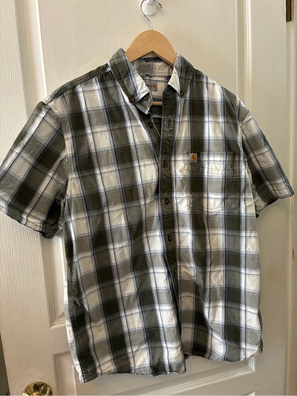 Carhartt Olive and White Short-Sleeve Plaid Button-Down Shirt